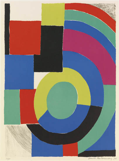 Appraisal: SONIA DELAUNAY Composition with Squares and Spiral Color lithograph x