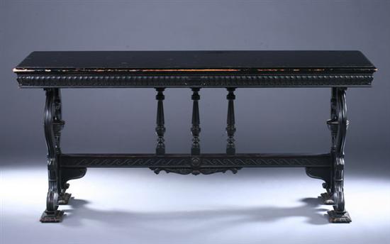 Appraisal: RENAISSANCE REVIVAL EBONIZED TRESTLE BASE SOFA TABLE th century rectangular