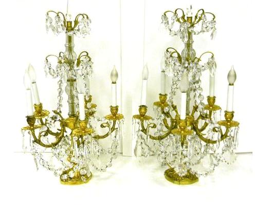 Appraisal: Pair candelabra form lamps gilt metal with teardrop prisms ''