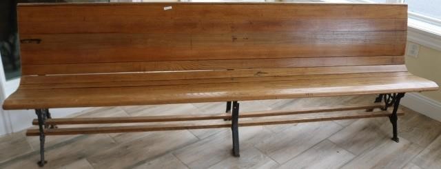 Appraisal: ANTIQUE RAILROAD STATION BENCH CA OAK ANDIRON CONSTRUCTION REFINISHED CONDITION