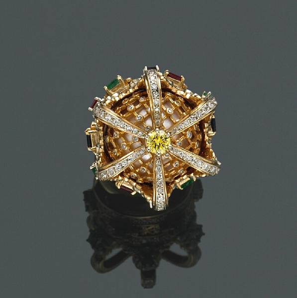 Appraisal: A diamond and gem-set crown ring estimated total diamond weight