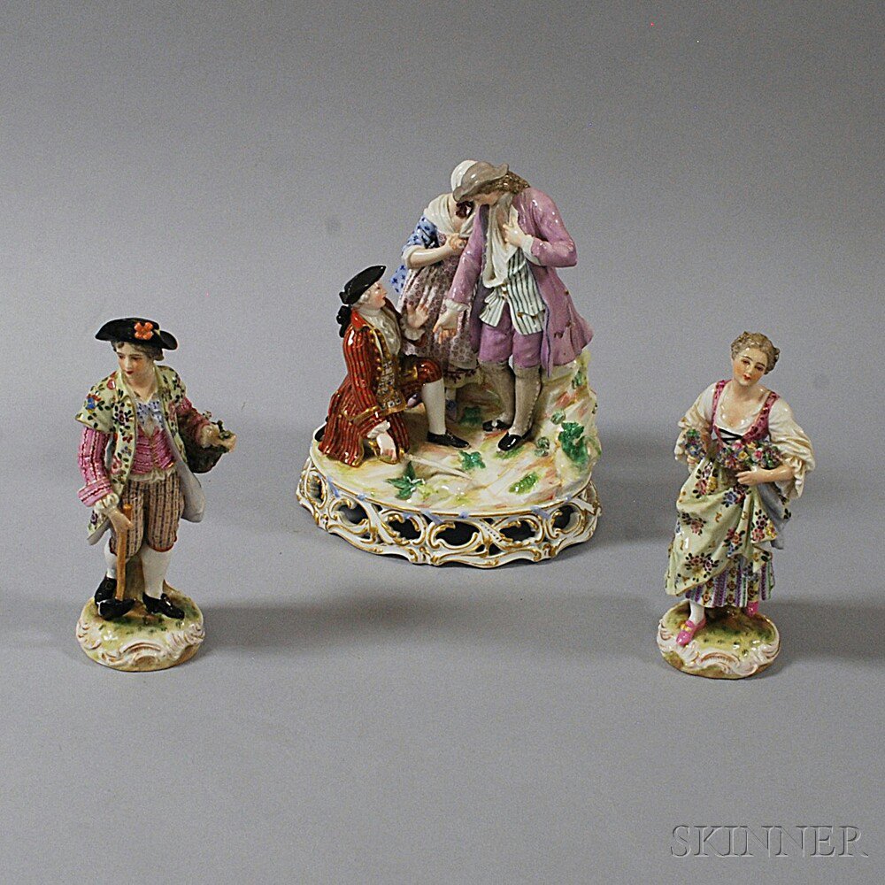 Appraisal: Three Dresden Porcelain Figures a pair of flower pickers and