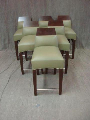 Appraisal: Green Leather Midcentury Stools Wood and leather contemporary stools never