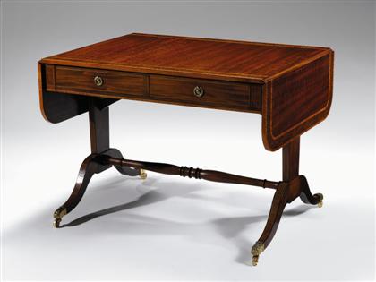 Appraisal: Regency style mahogany walnut and satinwood banded sofa table The