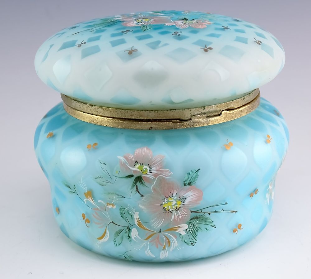 Appraisal: Antique Opaline Glass Vetro a Reticello Lidded Jar Antique opaline