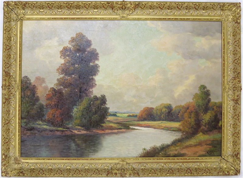 Appraisal: R POTTER OIL ON CANVAS Autumn river landscape th century