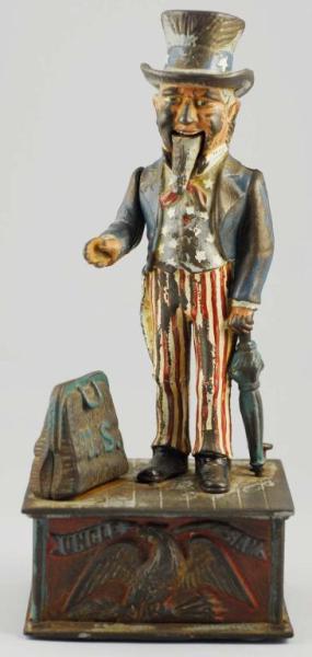 Appraisal: Cast Iron Uncle Sam Mechanical Bank Description Manufactured by Shepard