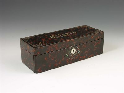 Appraisal: A th century tortoiseshell glove box the cover inlaid 'Gloves'