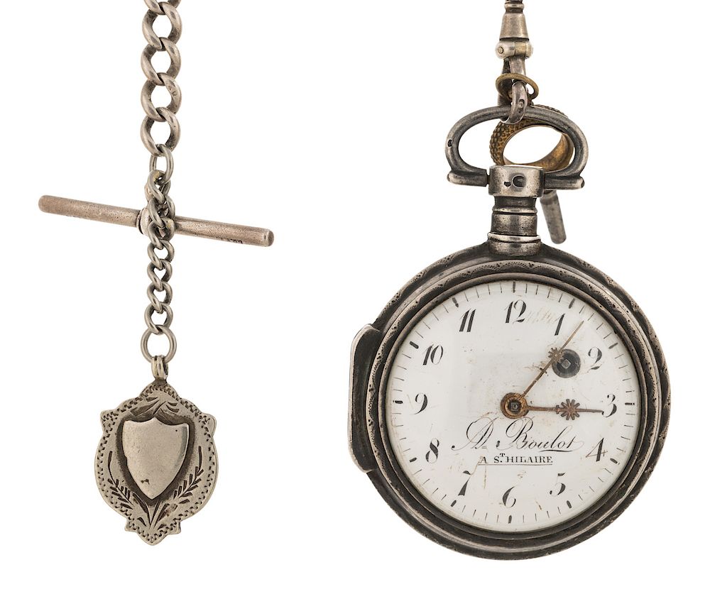 Appraisal: STERLING SILVER POCKET WATCH WITH KEY ON CHAIN STERLING SILVER