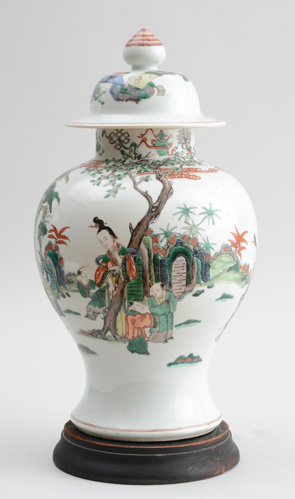 Appraisal: CHINESE FAMILLE VERTE BALUSTER-FORM JAR AND COVER Unmarked enamel decorated