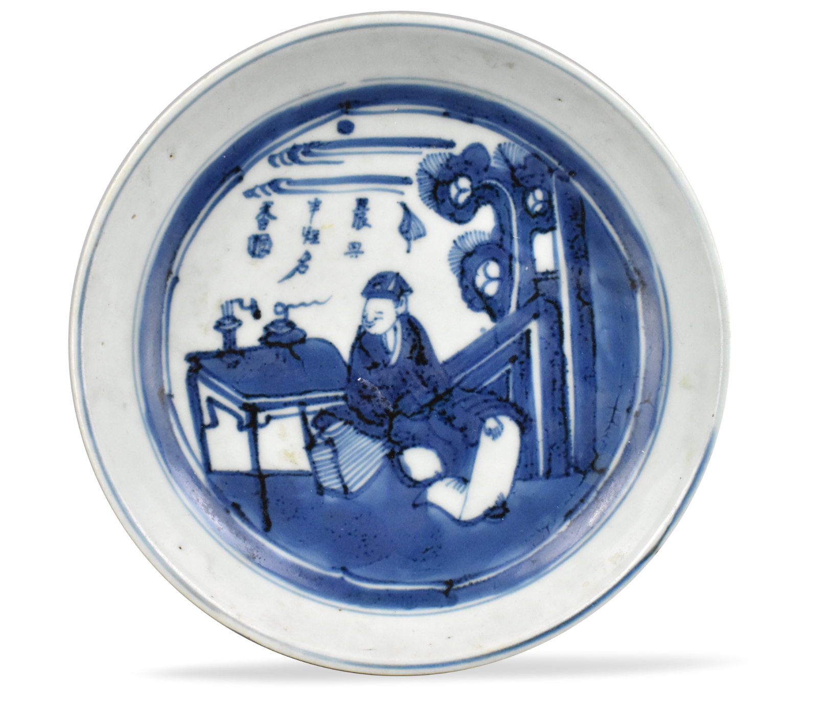 Appraisal: A Chinese blue white deep plate with seated figure dating