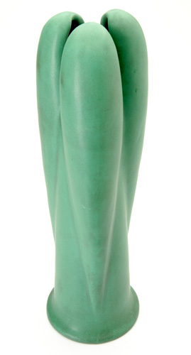 Appraisal: TECO Tall three-lobed vase covered in matte green with charcoaling