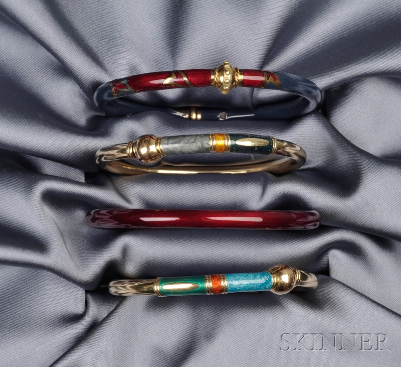 Appraisal: Four kt Gold Sterling Silver and Enamel Bangle Bracelets La