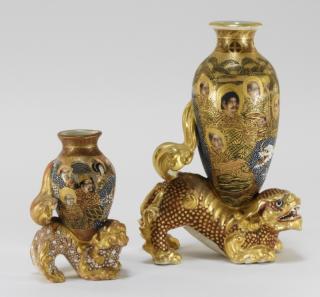 Appraisal: Japanese Satsuma Miniature Shi Shi Lion Vases JAPAN MEIJI PERIOD