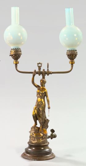 Appraisal: Attractive French Gold-Lacquered Spelter and Brass Two-Light Figural Newel Post