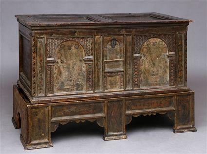 Appraisal: GERMAN BAROQUE-PAINTED AND CARVED WALNUT COFFER ON SEPARATE STAND The