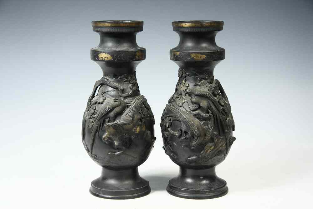 Appraisal: PAIR JAPANESE BRONZE URNS - Pair Cast and Engraved High