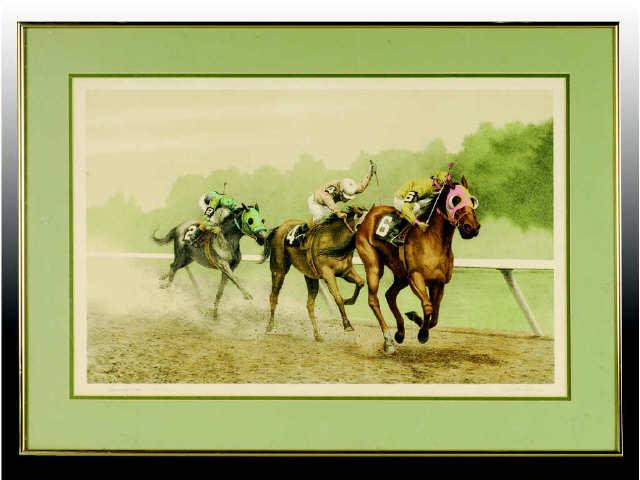 Appraisal: Horse Racing Print by Mel Straubs Description Dated Depicts three