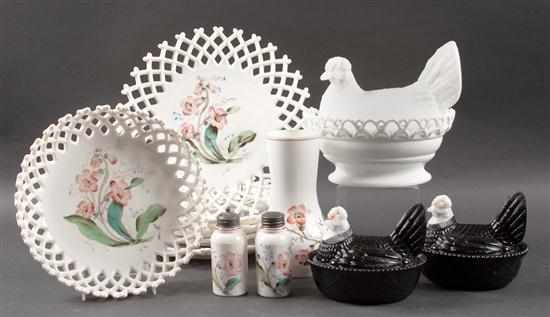 Appraisal: Three glass hens on nests six assorted milk glass plates