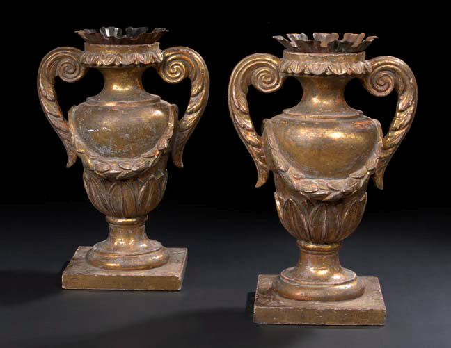 Appraisal: Large Pair of Italian Carved Giltwood Two-Handled Vasiform Pricket Candlesticks