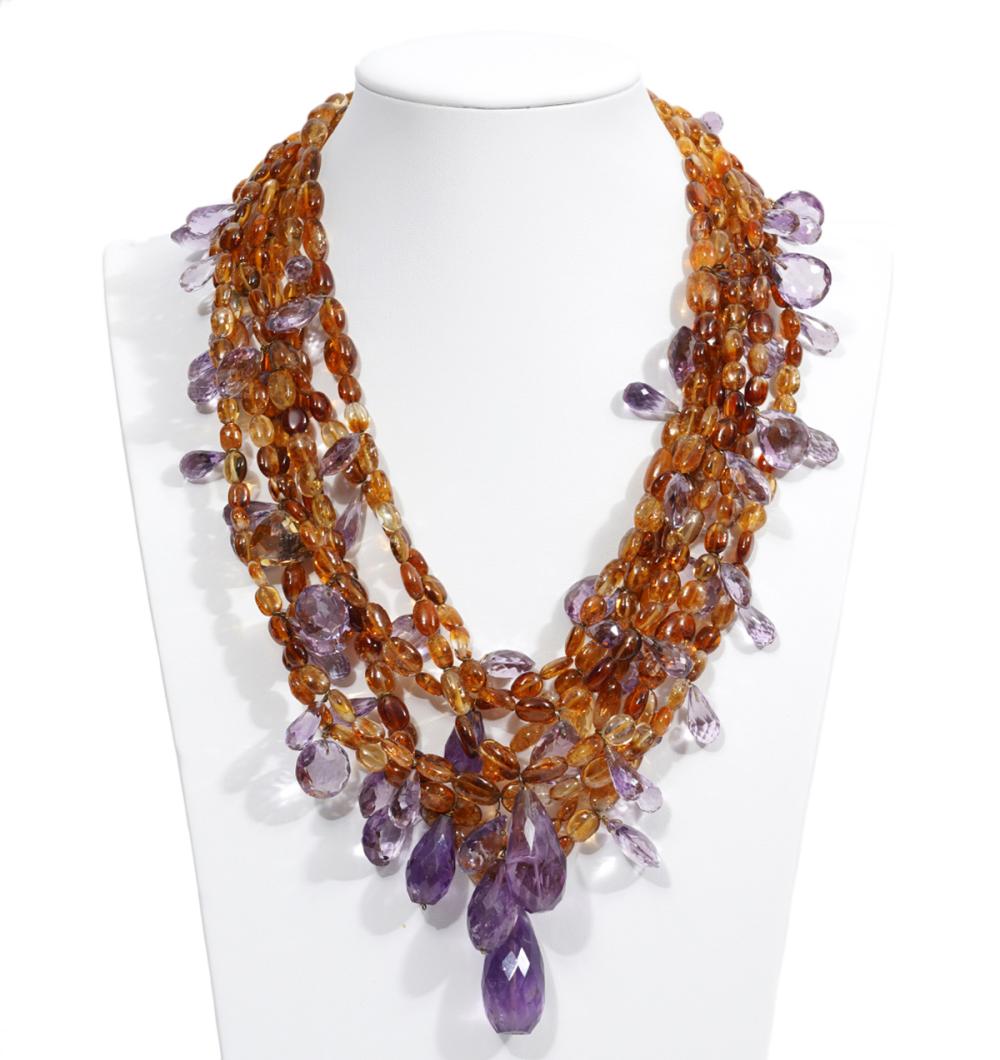 Appraisal: AMBER CITRINE AMETHYST STERLING BEAD NECKLACEContemporary strand bead necklace features