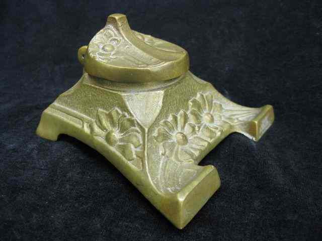 Appraisal: Antique Brass Inkwell floral decor '' diameter