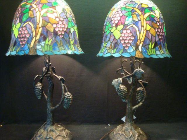 Appraisal: Pair of Bronze Grapevine Lamps with Tiffany Style Grape Shades