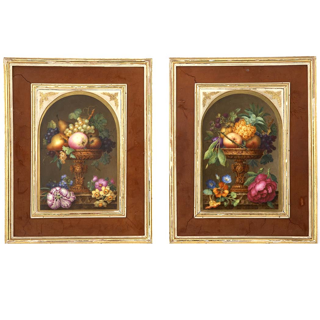 Appraisal: Pair of English Porcelain Plaques th Century Each arched plaque