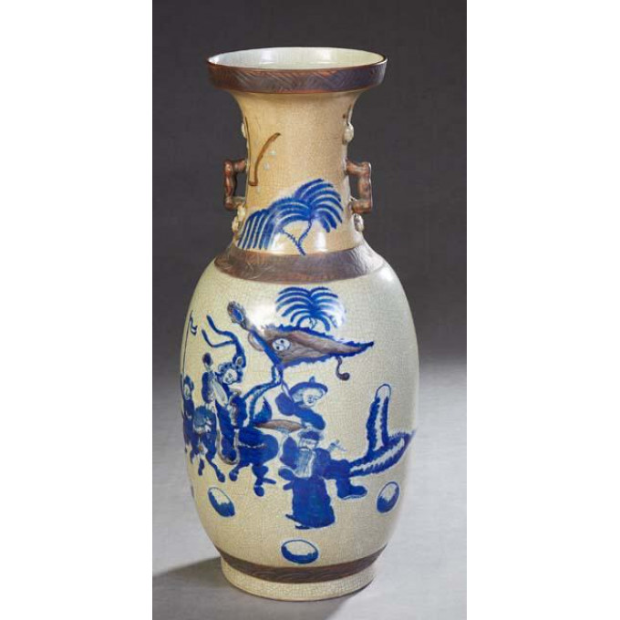 Appraisal: Chinese Crackleware Handled Baluster Vase th c with blue figural