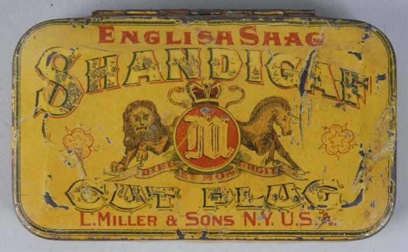 Appraisal: Shandigaf English Shag Flat Pocket Tobacco Tin Description Made in