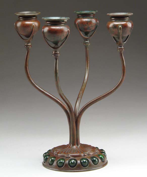 Appraisal: TIFFANY STUDIOS JEWELED CANDELABRA Nice four-arm candelabra has bronze foot