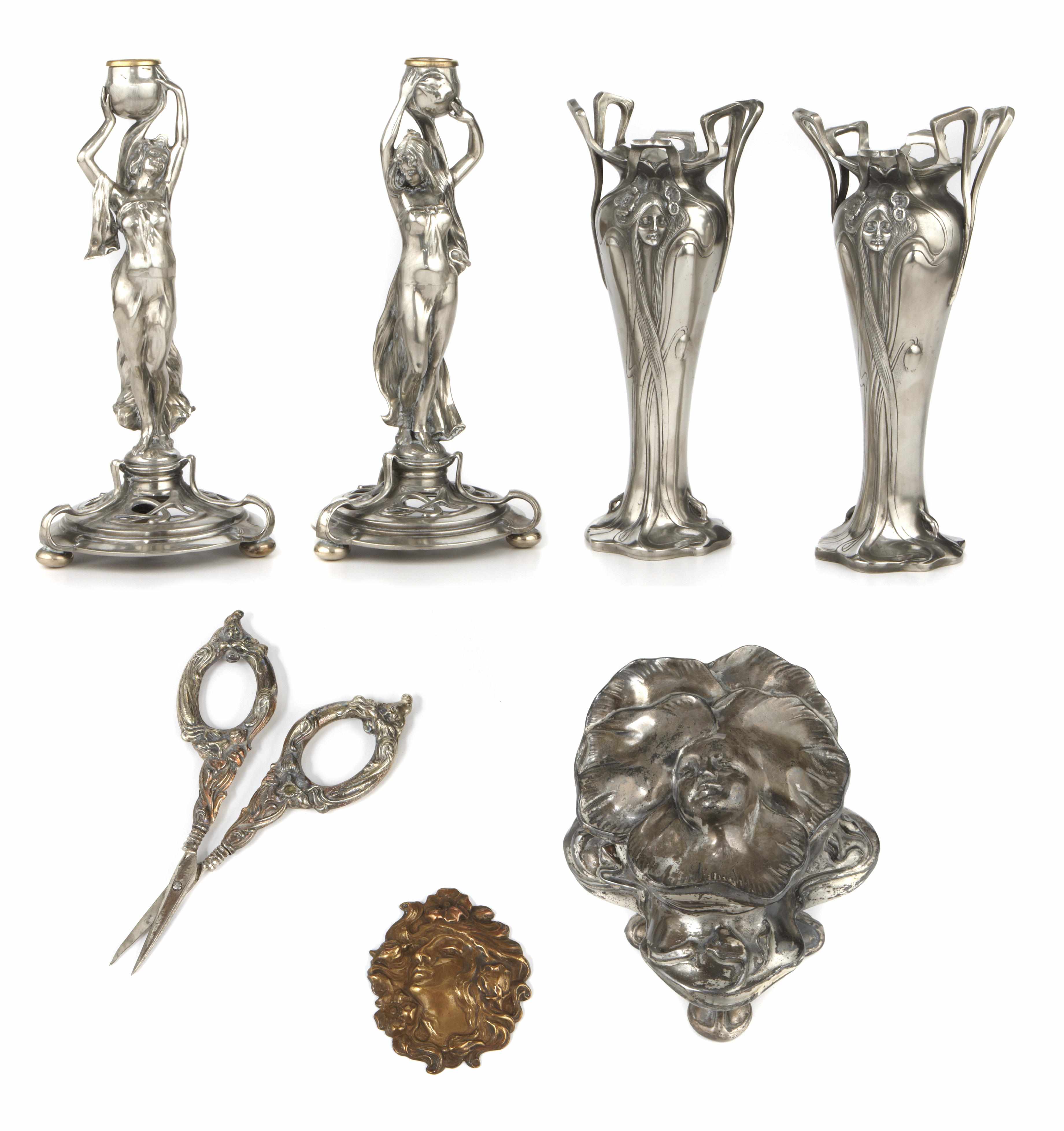 Appraisal: A group of Art Nouveau silverplate and metal desk sewing