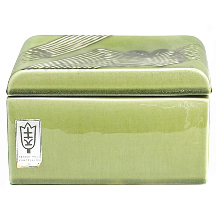 Appraisal: Kenton Hills covered box green high glaze with raised geometric