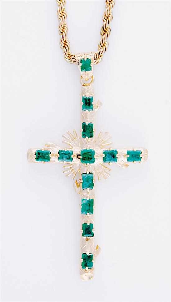 Appraisal: Emerald cross pendant on chain twelve emeralds L - mm