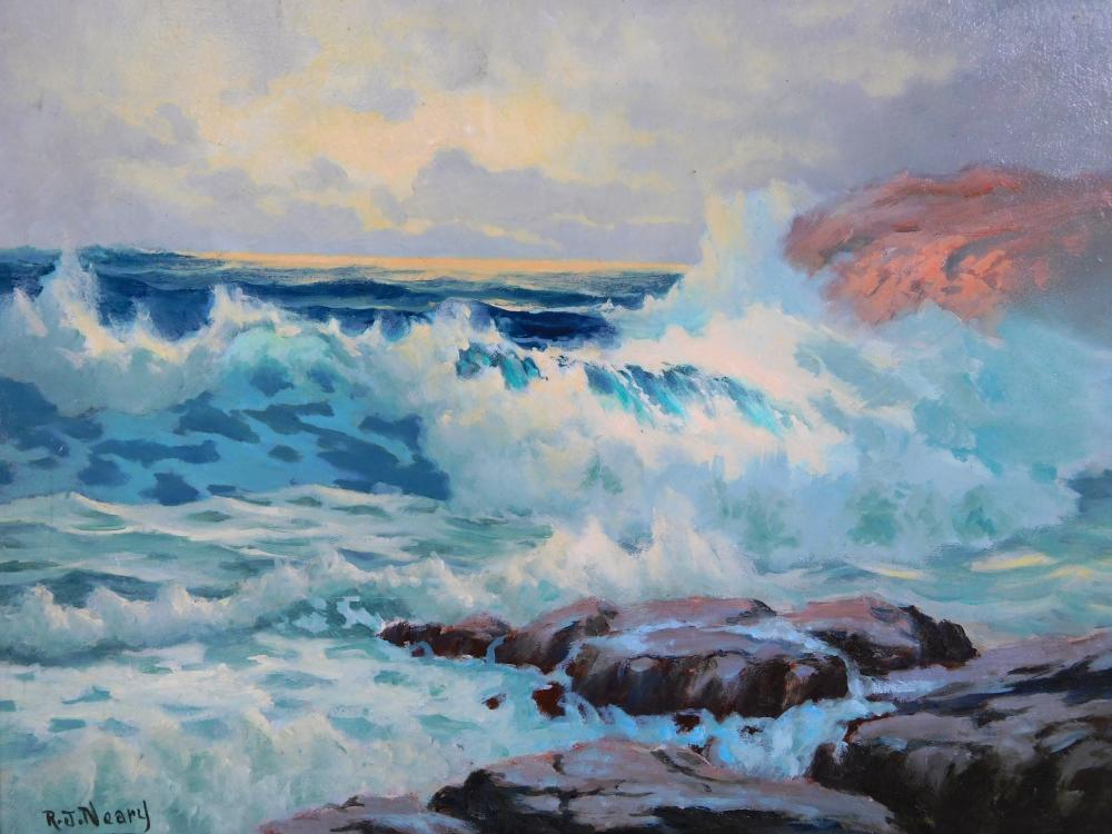 Appraisal: R J Neary oil on canvas depicts crashing waves on