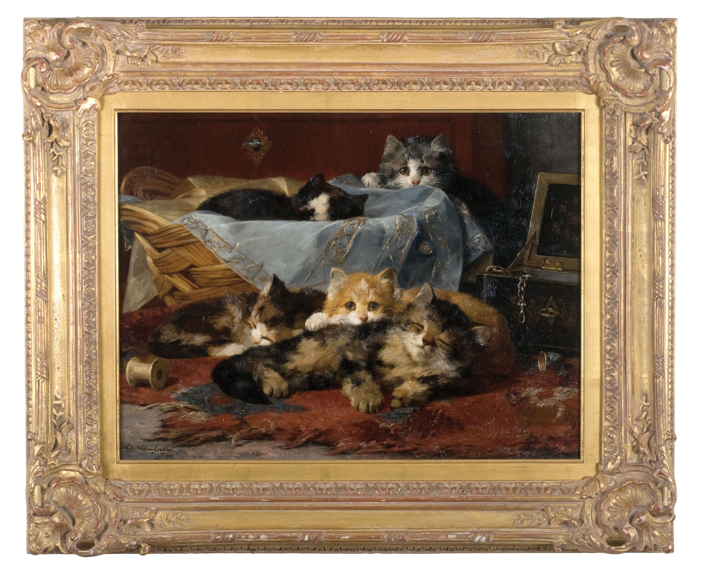 Appraisal: CHARLES VAN DEN EYCKEN BELGIAN - KITTENS IN A BASKET