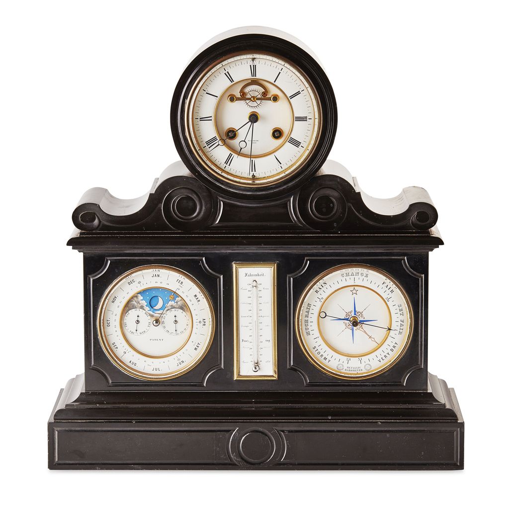 Appraisal: FINE FRENCH POLISHED SLATE THERMOMETER BAROMETER AND CALENDAR MANTLE CLOCK