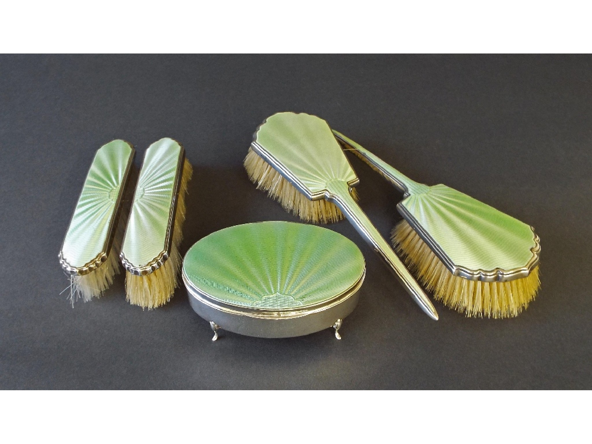 Appraisal: Art Deco silver and guilloche enamel five piece dressing table