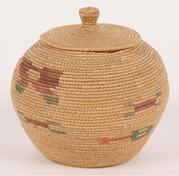 Appraisal: Native American Northwest seagrass lidded basket with woven lift colorful