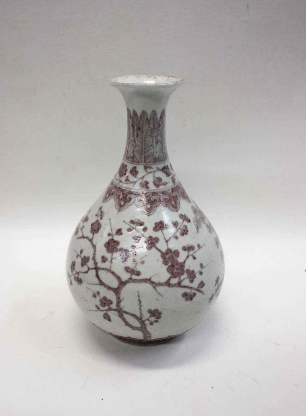 Appraisal: CHINESE MING STYLE PORCELAIN VASE yuhuchunping form hand painted copper