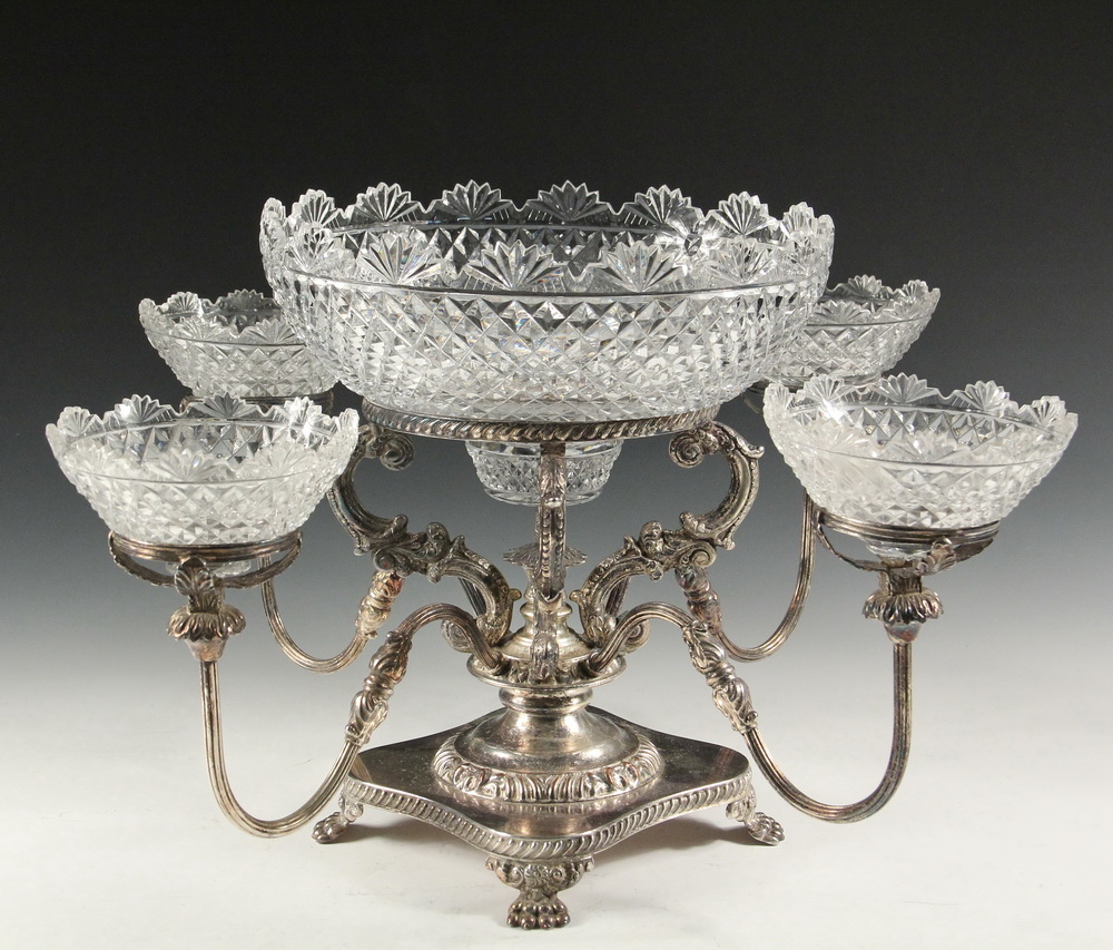 Appraisal: SILVER PLATE AND CRYSTAL EPERGNE - Late th c unmarked