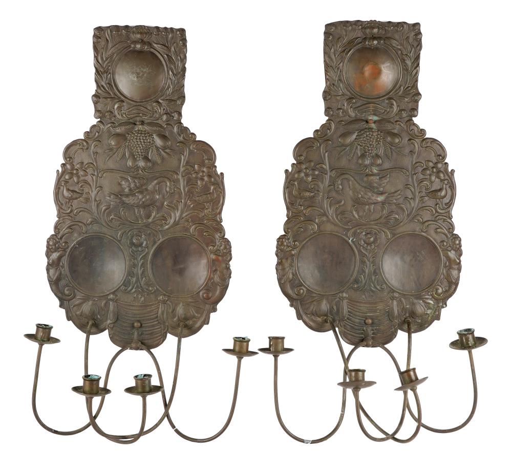 Appraisal: PAIR OF FLEMISH COPPER CANDLE SCONCESeach back plate elabirately relief-decorated