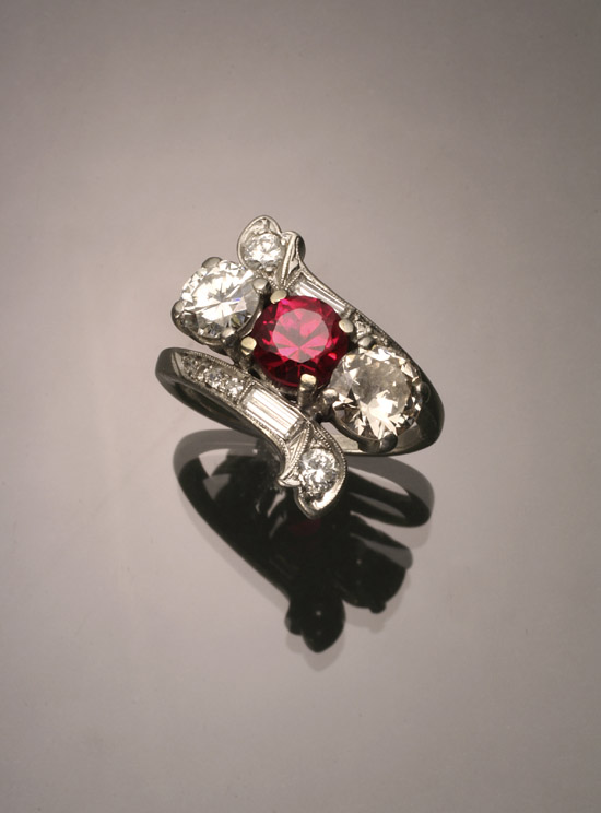 Appraisal: Art Deco Platinum Diamond and Synthetic Ruby Bypass Dinner Ring