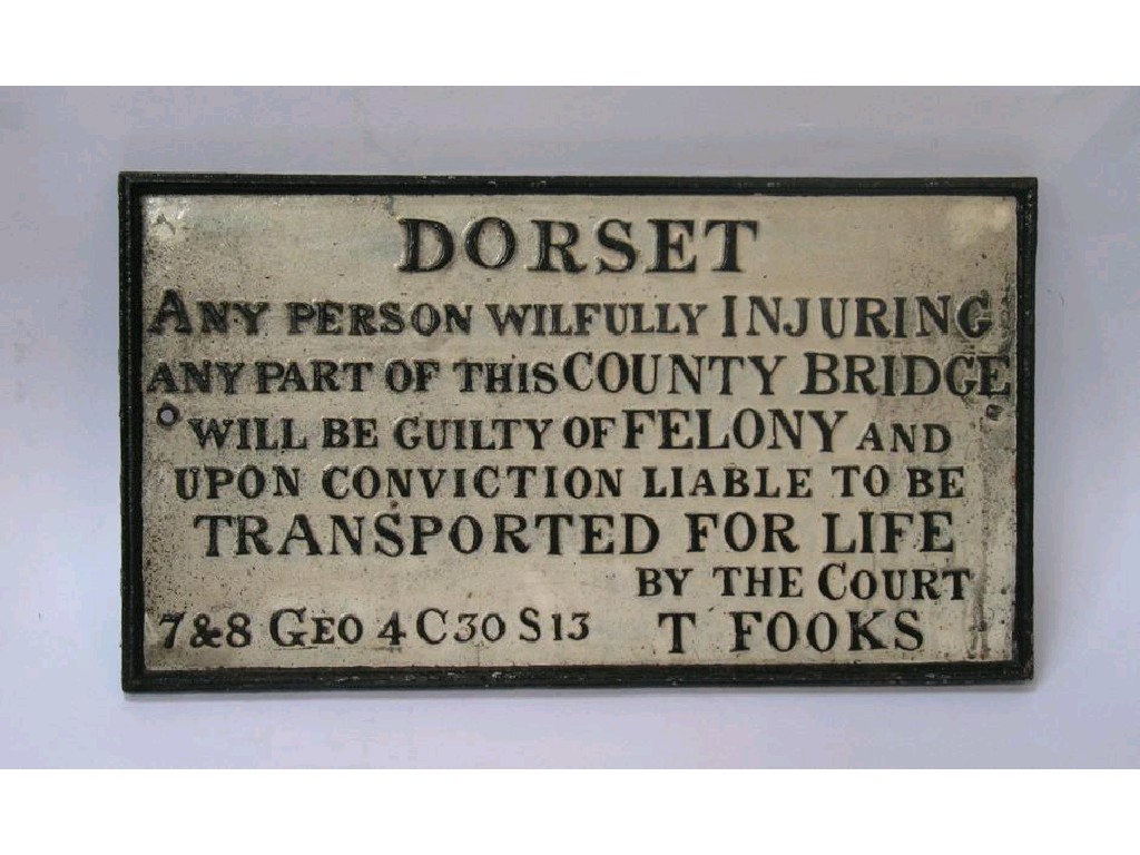 Appraisal: A CAST WALL PLAQUE Dorset any Person Willfully Injuring any