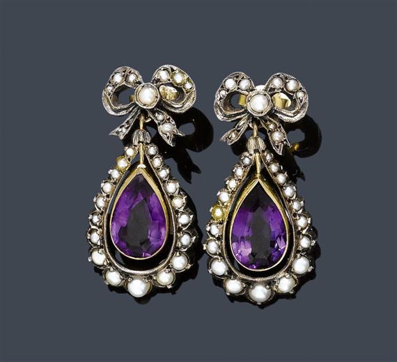 Appraisal: AMETHYST AND PEARL EAR PENDANTS ca Silver over yellow gold