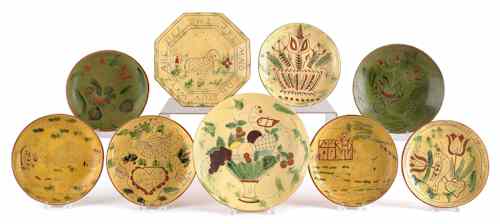 Appraisal: Collection of Breininger sgraffito decorated redware nine pieces largest -