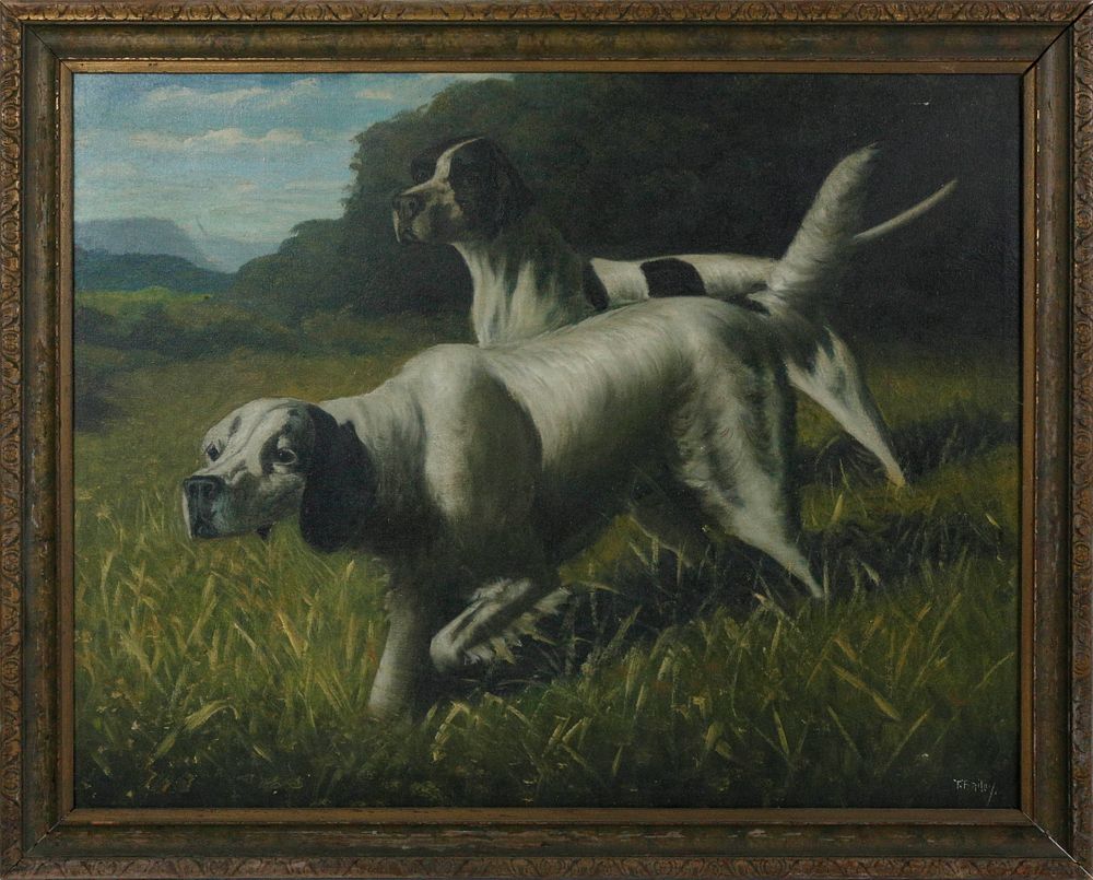 Appraisal: T Bailey Oil on Canvas Portrait of Two Hounds T