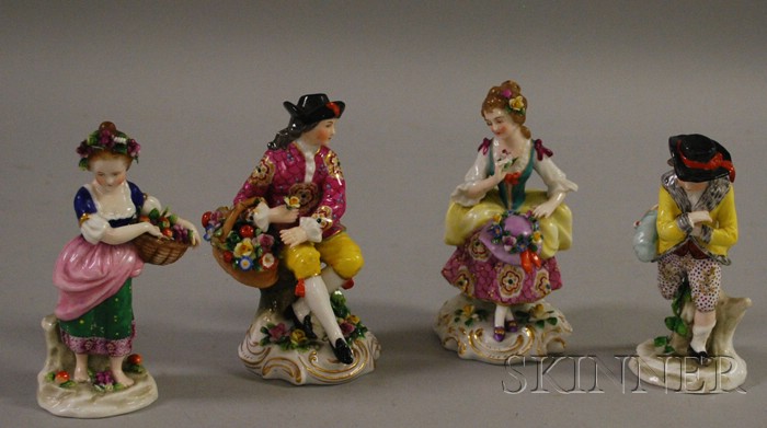 Appraisal: Four Chelsea-type Hand-painted Porcelain Figures each with gold anchor mark