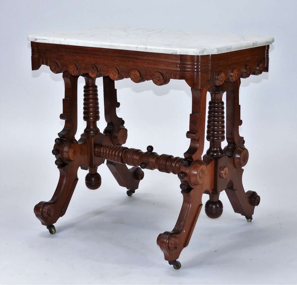 Appraisal: C VICTORIAN AESTHETIC BURL MARBLE TOP TABLE United States Circa