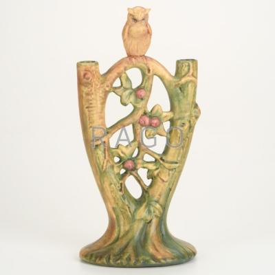 Appraisal: WELLER Woodcraft double bud vase with owl Stamped Weller Condition